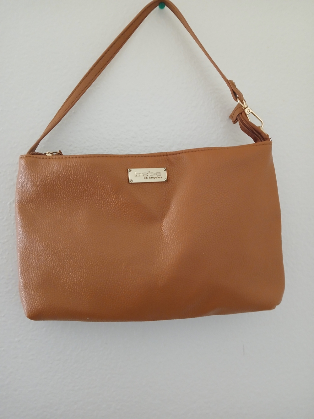 bebe Caramel Tan Shoulder Bag with Gold Plate